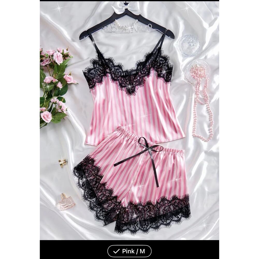 Sexy Pink And White Striped Two-Piece Lingerie In Medium